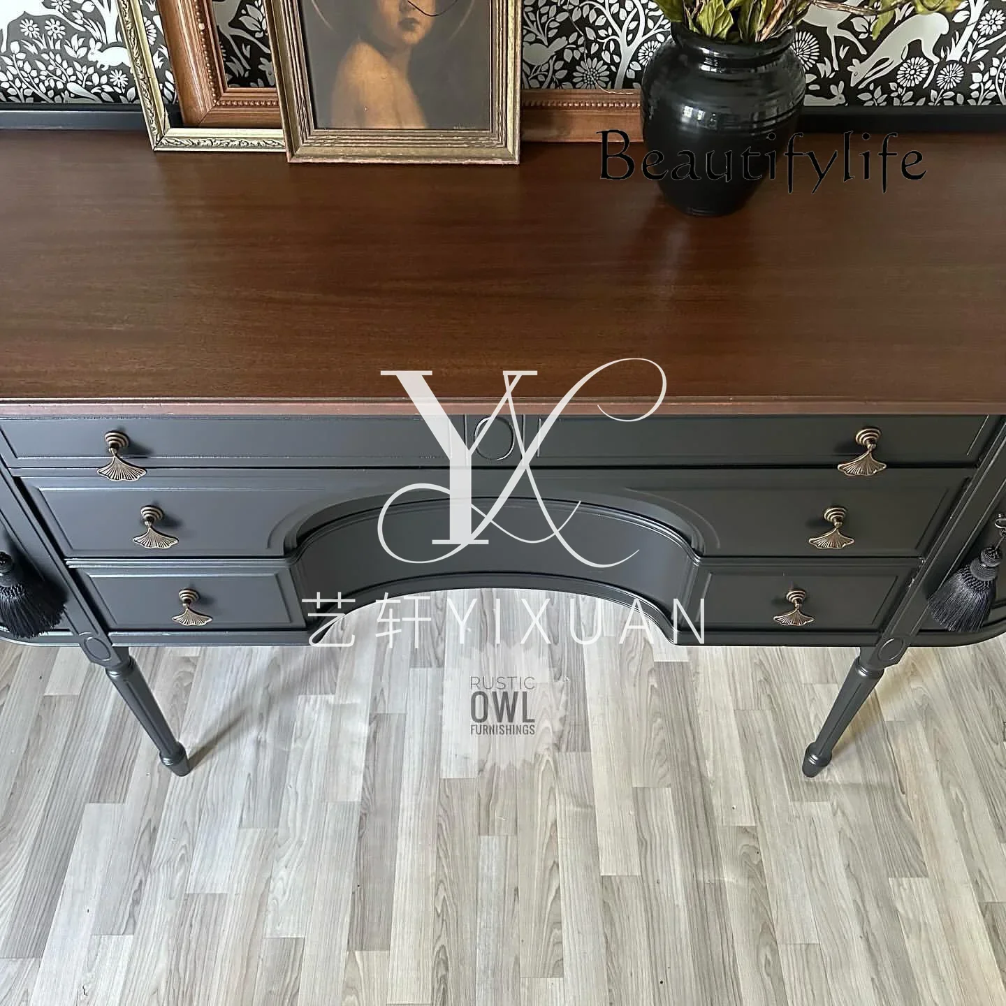 aQ ZY French Retro Solid Wood Black Dining Side Cabinet American Living Room Integrated Wall Storage Locker Furniture Customizat