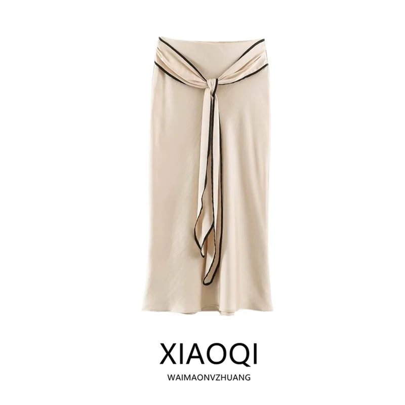 Early Autumn New Arrival Women's High Waist Straight Cut Skirt with Knot Decoration Color Block Design Half-length Skirt