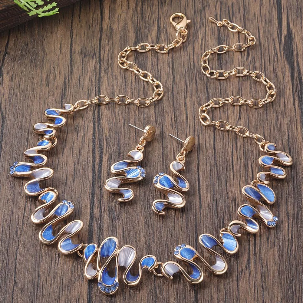 Women's Blue Enamel Geometric Necklace Set, Elegant Gift