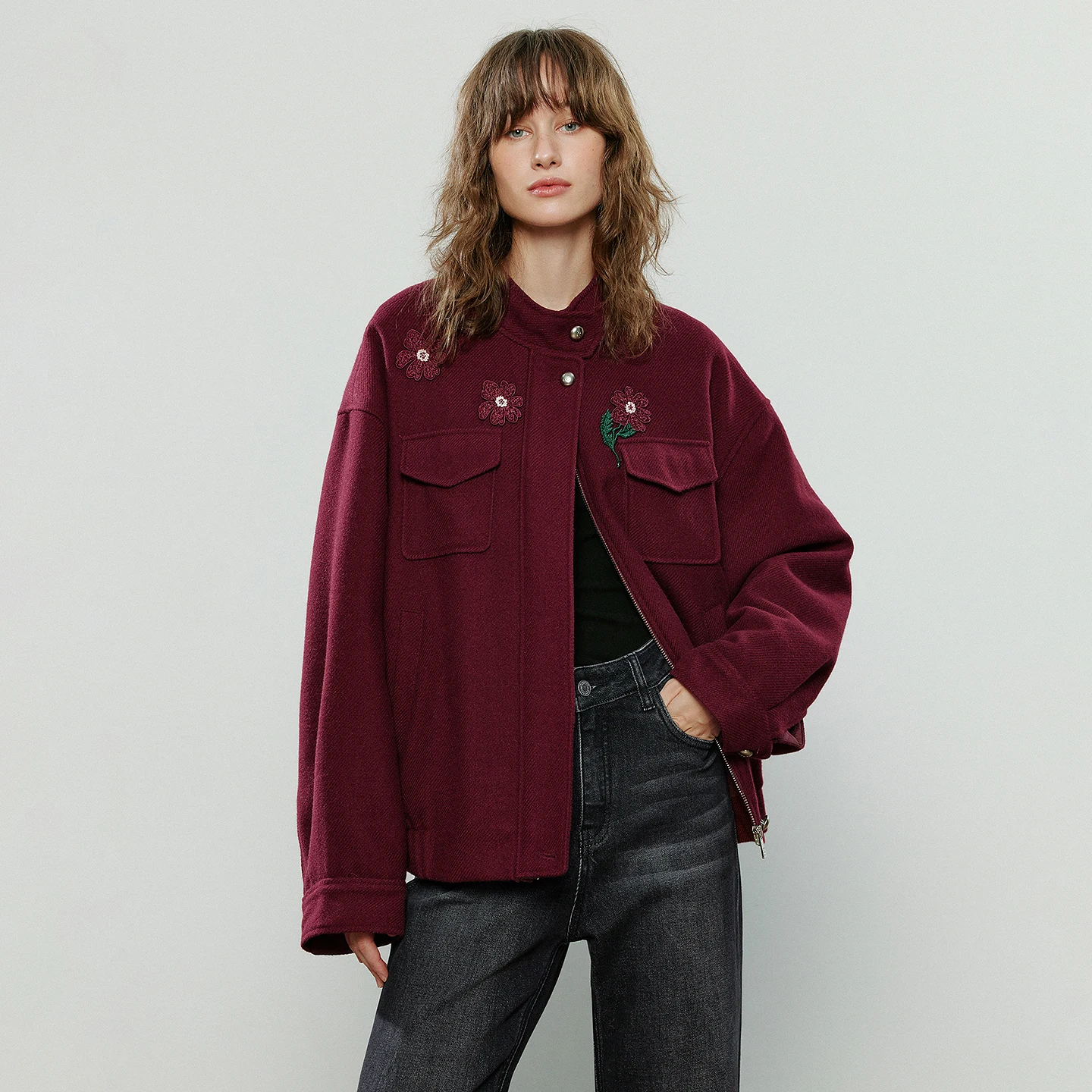 TOYOUTH Women's 2025 Winter New Burgundy Heavy - duty Flower - embroidered Stand - collar Warm Loose Jacket Coat