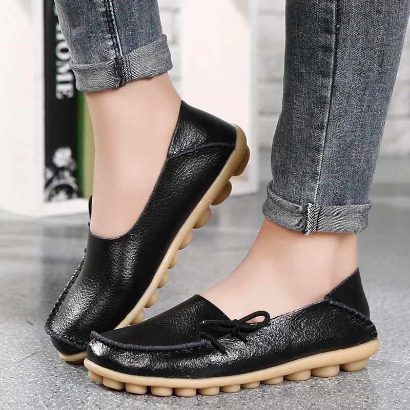 New Moccasins Women Flats 2024 Autumn Woman Loafers Genuine Leather Female Shoes Slip On Ballet Bowtie Women's Shoes Big Size