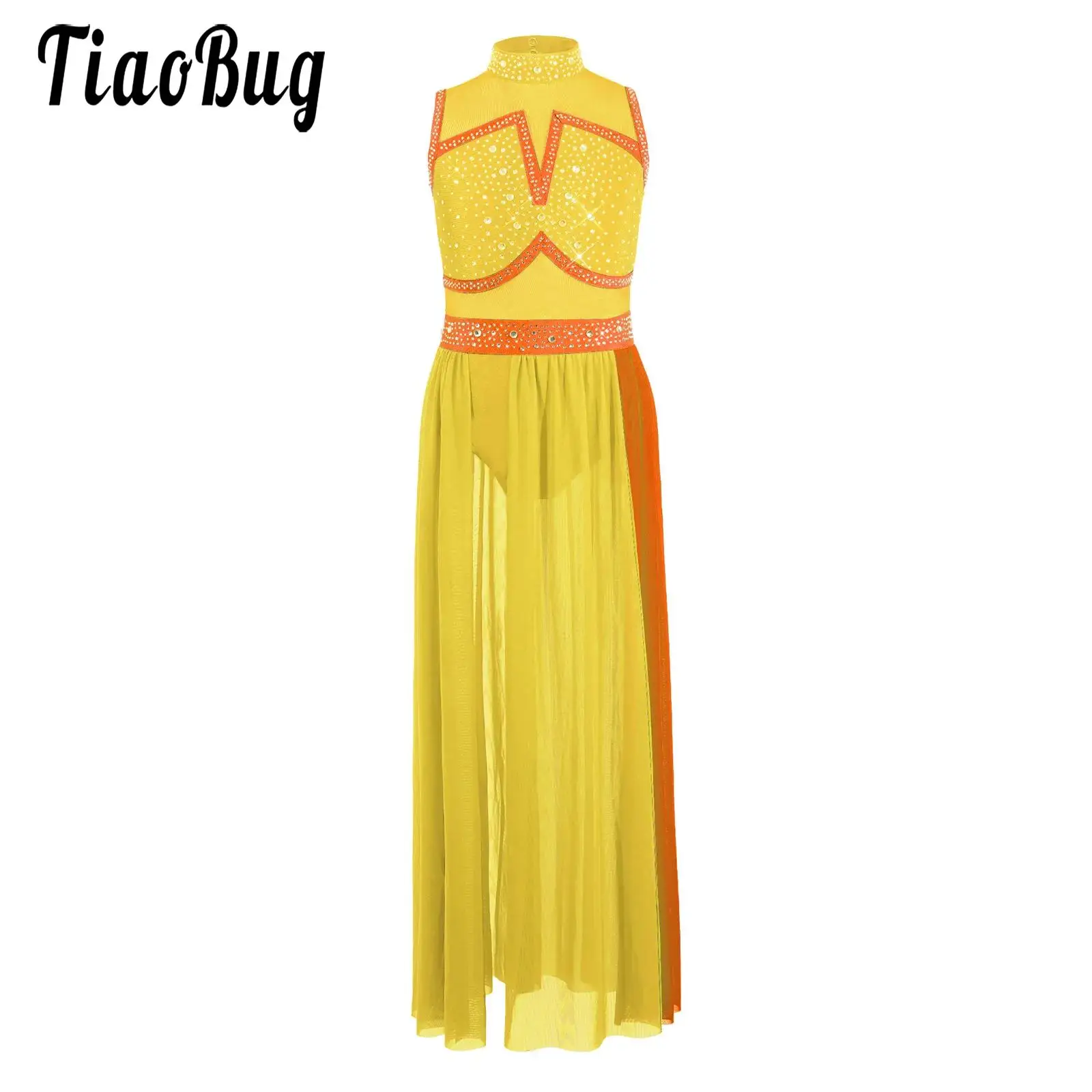 Kids Girls Lyrical Dance Dress Sleeveless Rhinestones Split Mesh Leotards Dress Figure Skating Ballet Dance Performance Costume