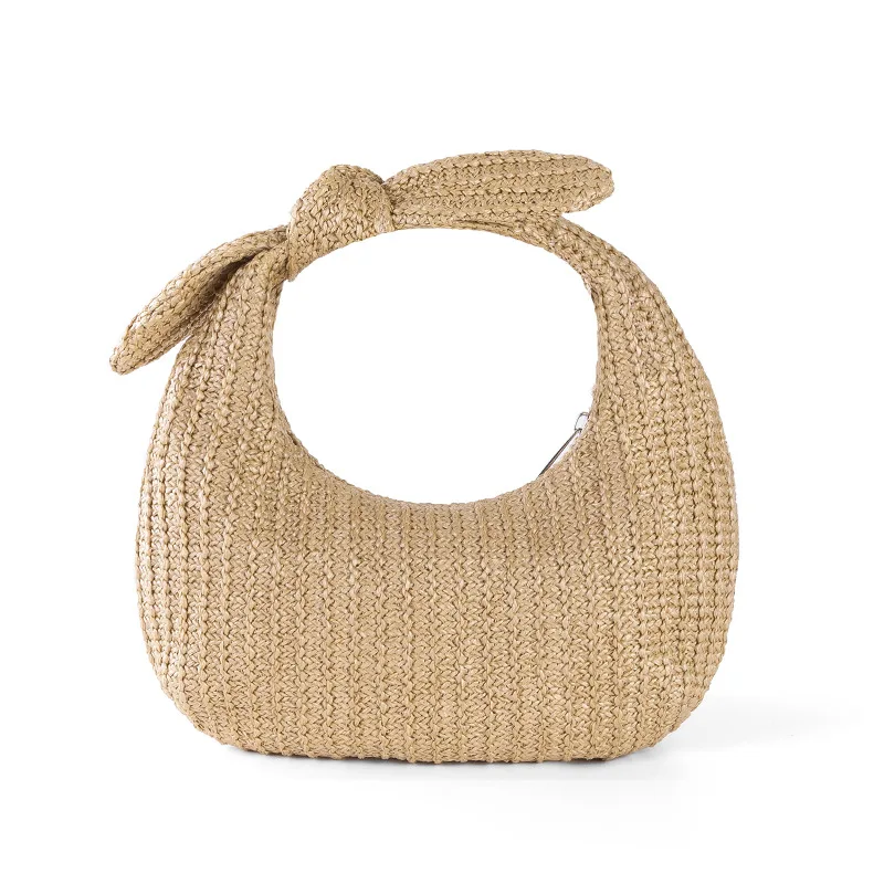 Cute Bow Handle Straw Bag Casual Half Moon Women Handbags Paper Weave Summer Beach Small Female Purses for Vacation 2024