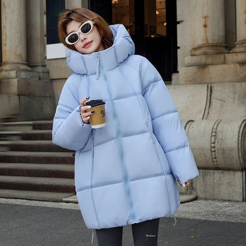 プレミアム2025韓国デザイン厚手コットンコートフード付きミドル丈冬用ジャケット、女性用軽量保温