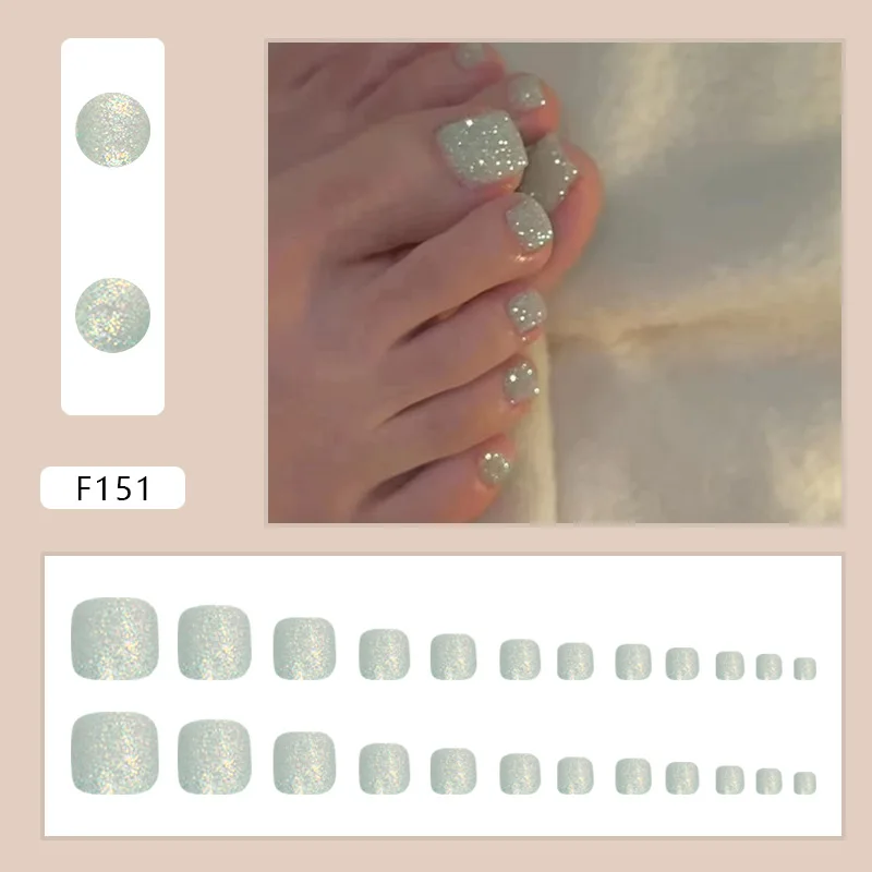 24pcs Short Square Fake Nails For Toe Toe Nail Tips For Party Wedding Silver Glitter Fake Pedicure Nails False Toenail