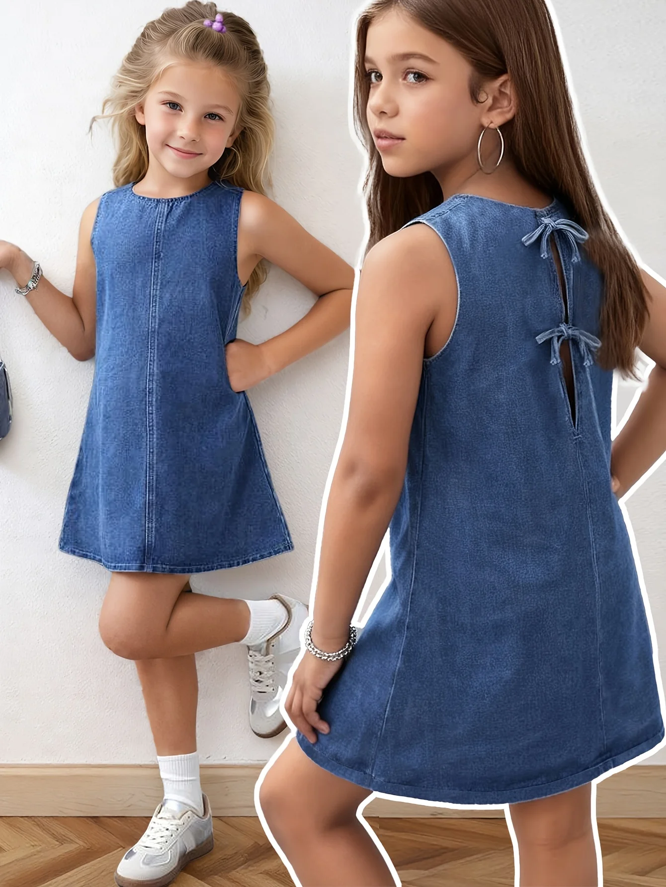 Summer Short Sleeveless Denim Dress with Bow Tie Design, Suitable for Young Girls for Summer Parties, Festivals, and Beach Wear, Suitable for Girls Aged 5-13, for Home and Outdoor Wear