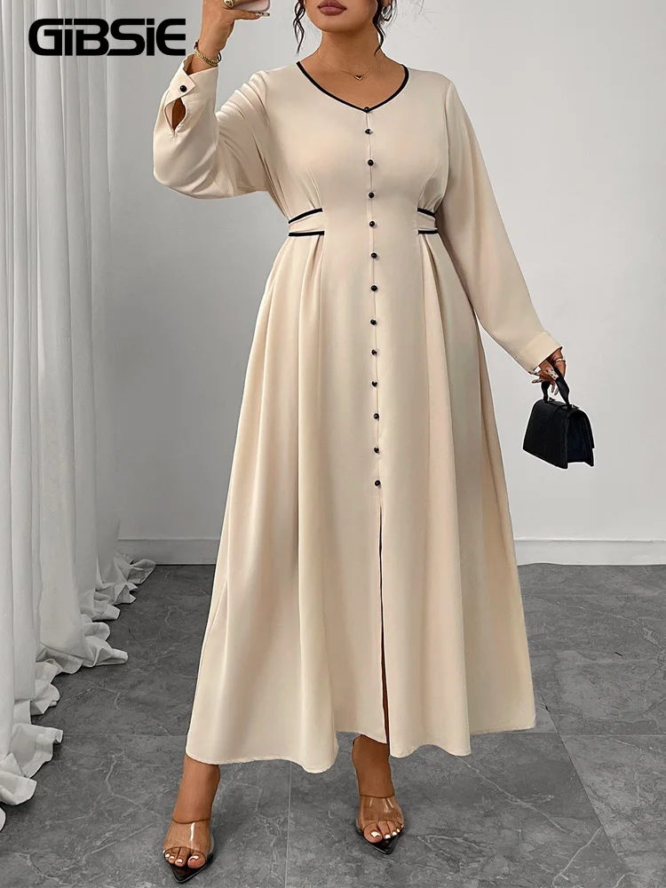 

GIBSIE Женское платье больших размеров с v-образным вырезом и длинными рукавами на завязках на пуговицах, осень 2022, элегантное милое длинное платье трапециевидной формы с разрезом спереди