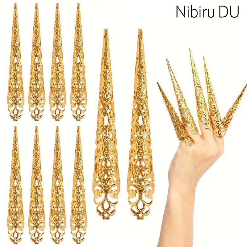

10pcs Ancient Costume Fake Nails Queen Nail Ring Costume Antique Style for Drama Dance Show Halloween Cosplay Nails Accessories