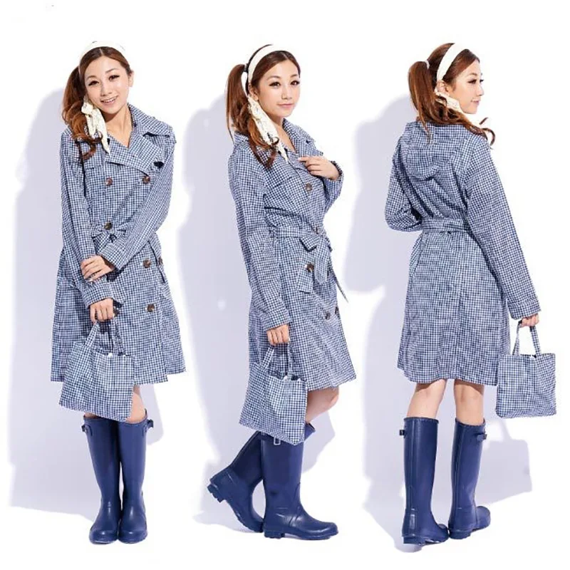 Fashion Raincoat Double-breasted Belt Lightweight Women's Men's Long Foreign Trade Japan Korea Printed Plaid Raincoat