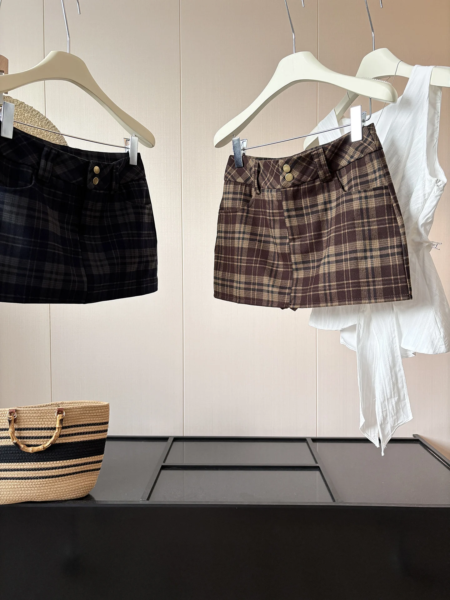 Double-Color Retro Plaid A-Line Skirt Women's Autumn Winter Woolen Half-length Skirts Versatile Geometric Art DIYI