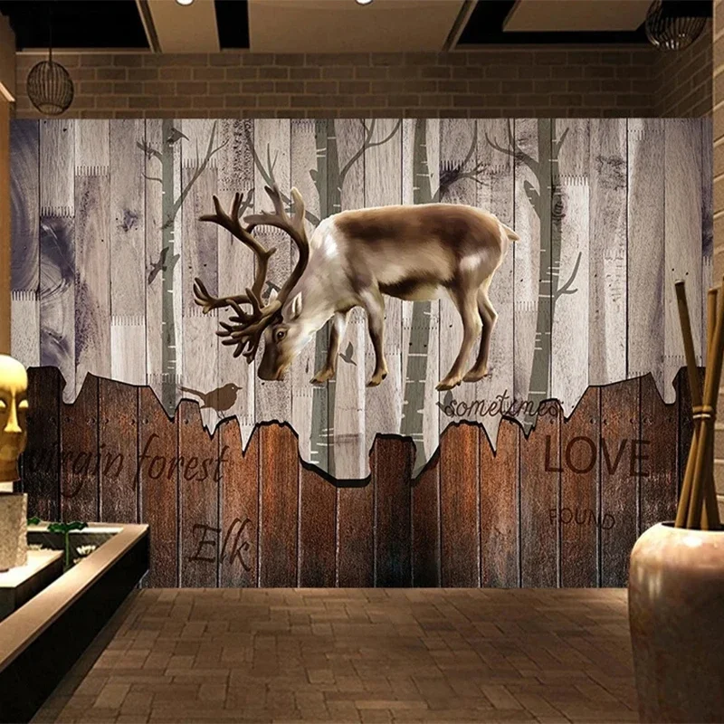 

Custom Photo Wallpaper European Style Bar KTV Coffee Shop Background Wall Mural Retro Wood Board Animal Wall Painting Wallpapers