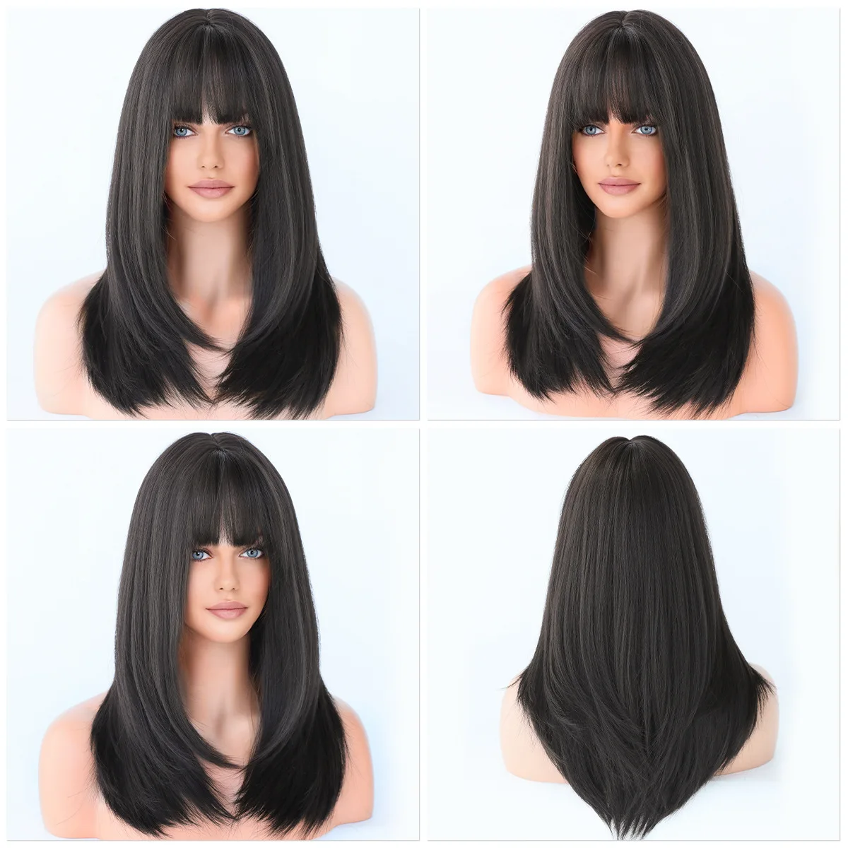 women's long hair 57cm, natural full head set, long straight hair with inner buckle, air bangs wig