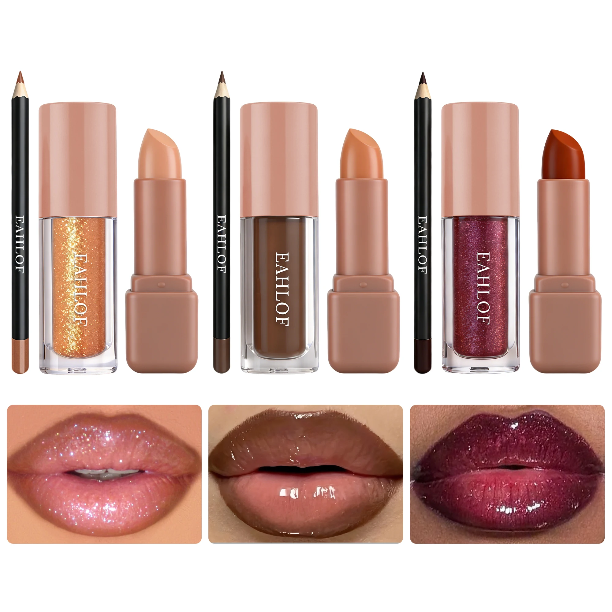 3 Colores de Brillo Labial/Delineador de Labios, Lápiz Labial, Brillo Labial, Tinta Labial de Larga Duración, Suave, Mate y Brillante, Regalo de San Valentín (3/9 piezas)