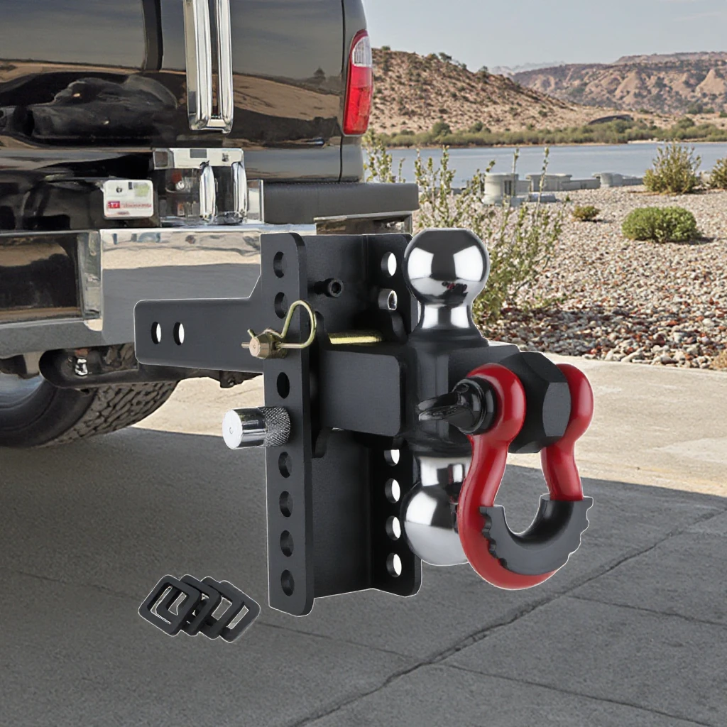 Adjustable Heavy-Duty Trailer Hitch Tri-Ball Mount With Locks Pin and Tow Shackle Fits 2-in Receiver