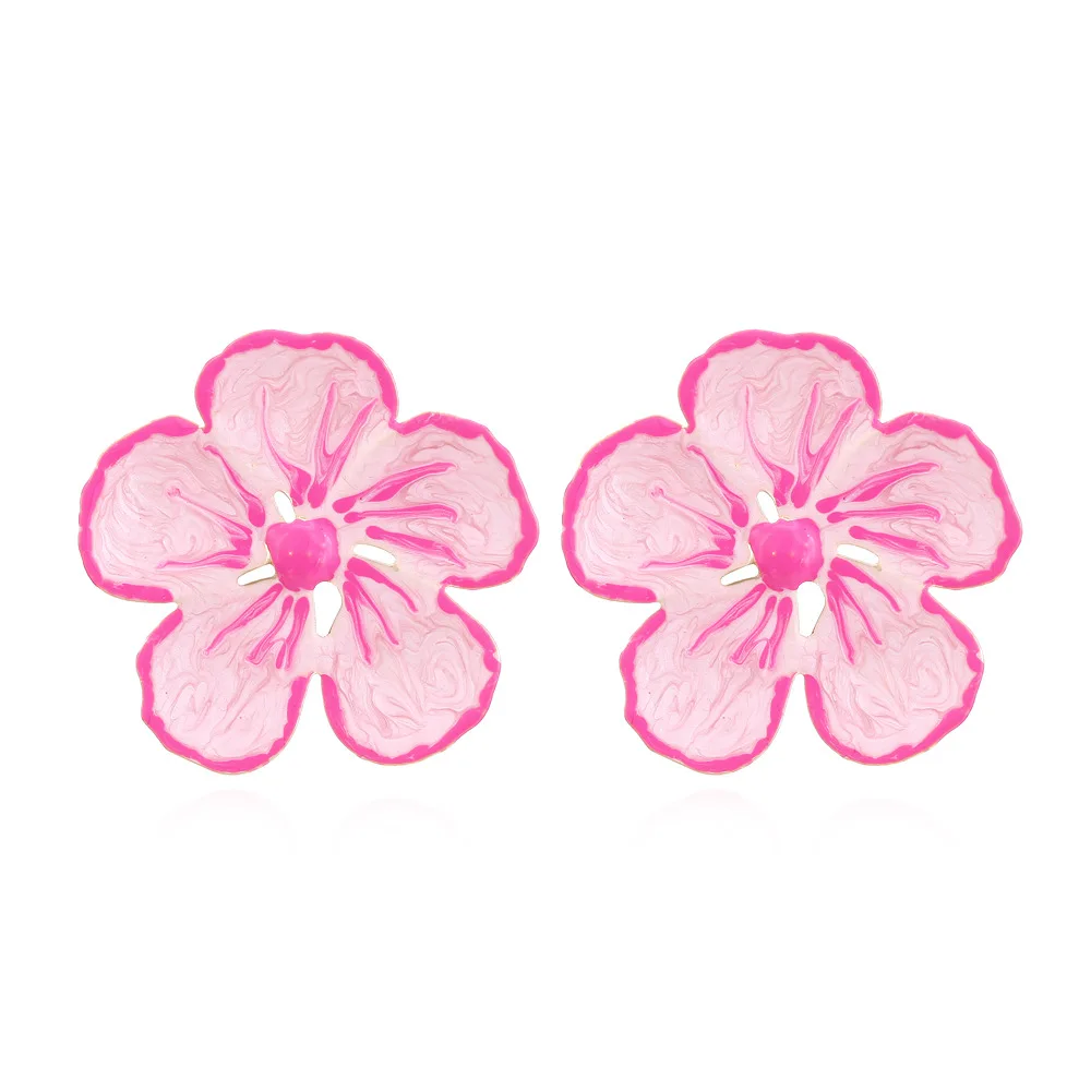 Fresh and sweet gradual change pink dripping oil big flower stud earrings super fairy French metal oiled flower earrings women