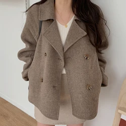 Autumn Winter Double Breasted Woolen Coat Women Korean Style Turn Down Collar Wool Jacket Woman Solid Colort Thick Coats Ladies