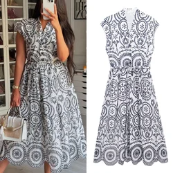 Contrast Color Embroidered Mid-Length Sleeveless Slim Long Dress Women's Beach Vacation Dress Streetwear 2024 New Summer