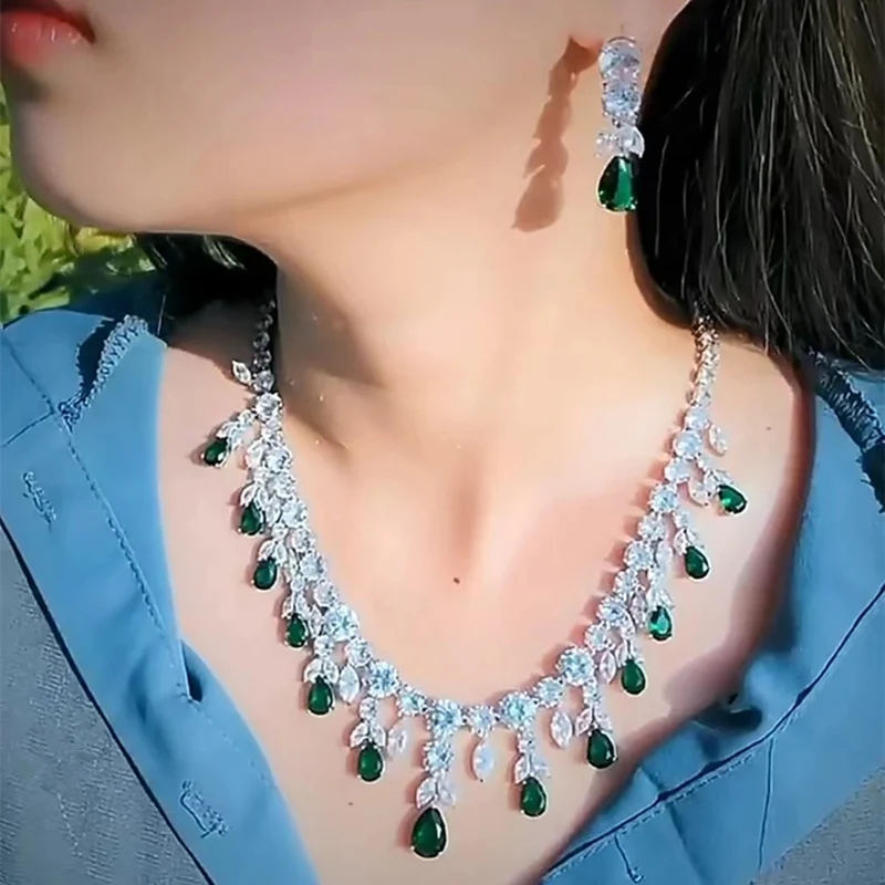 CC Party Jewelry Sets For Women Shine Drop Earrings Necklace Created Emerald Stone Wedding Accessories Fashion Gift