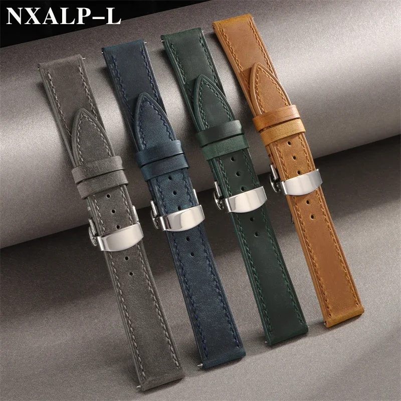Винтажный ремешок для часов из натуральной яловой кожи с пряжкой-бабочкой, ремешок из телячьей кожи для Omega для умных часов Seiko, браслет 18/19/20/21/22/24 мм