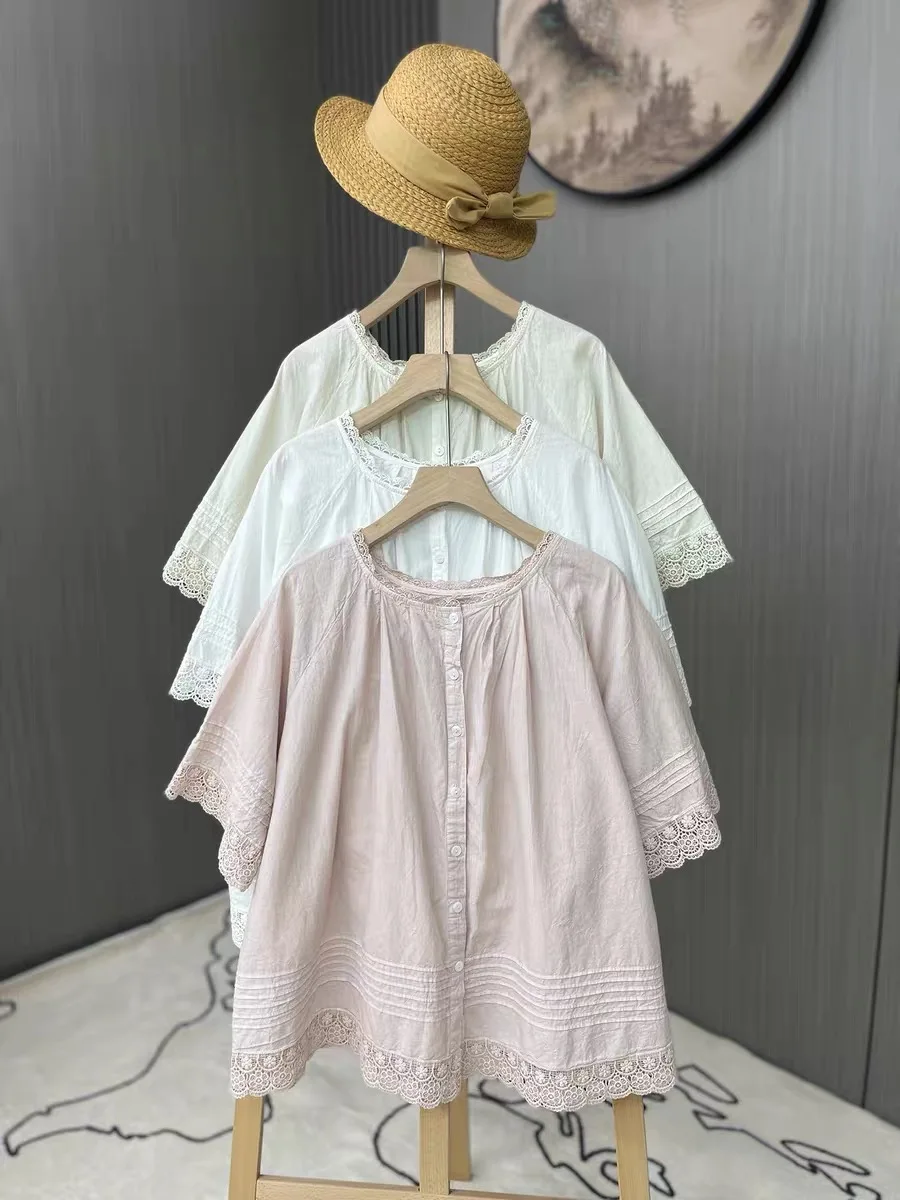 

2026 Women's Cotton Lace Trim Blouse Mori Girl Short Sleeve Button Down Shirt with Ruffle Neck and Hem Loose Cottagecore Top