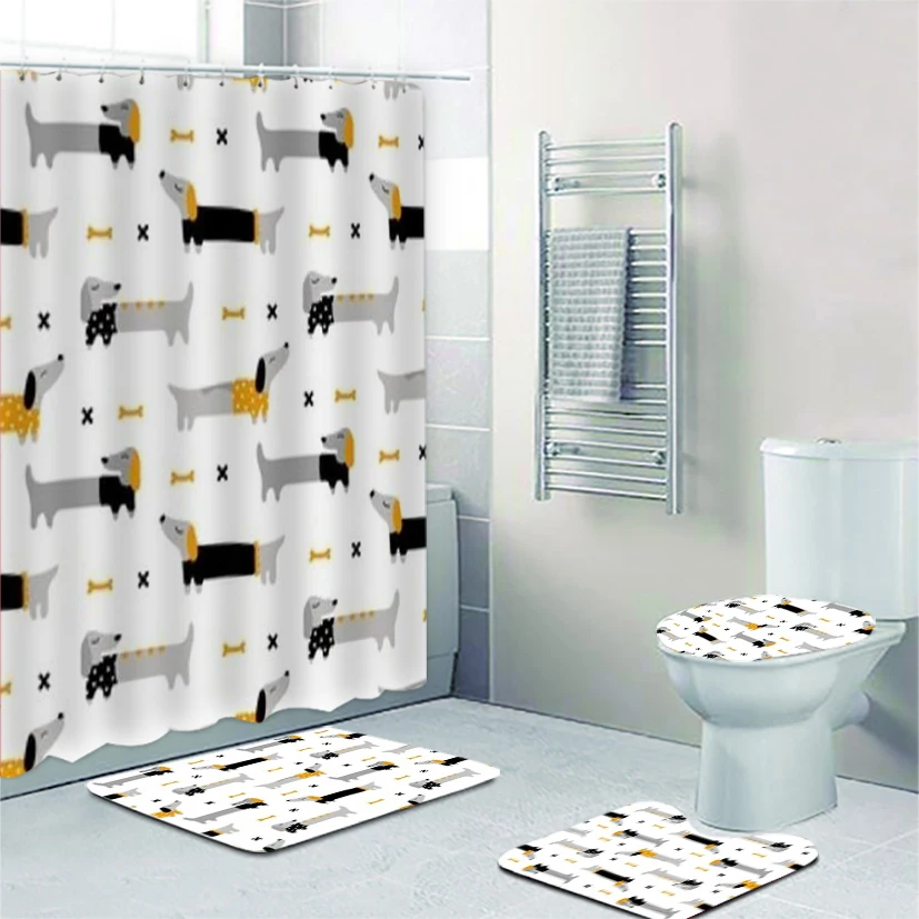 Scandinavian Baby Dachshunds Shower Curtain Set for Kid Bathroom Decor Nordic Sausage Dog Bath Mats Rug Toilet Accessories