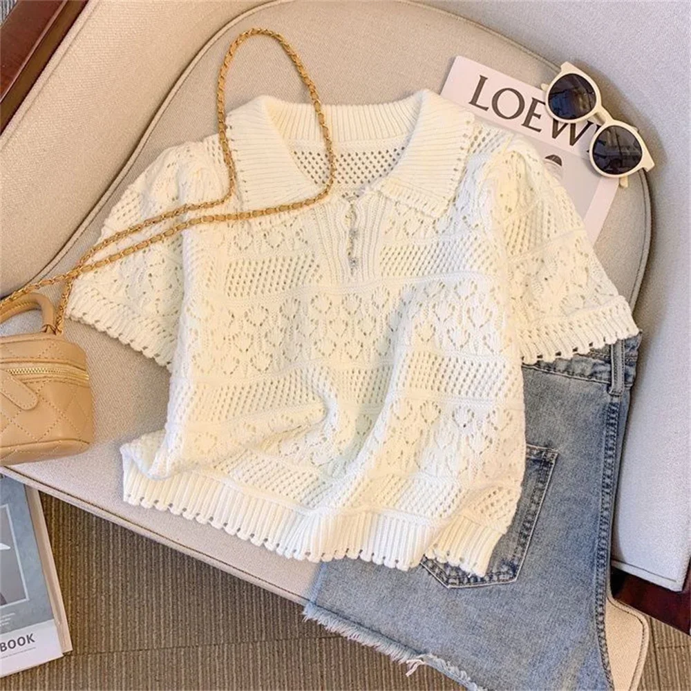 

2025 New Summer Hollow Out Crochet Design Thin Pullover Top Women's Blouse Tees French Fashion Sweet Short Sleeve Knitted Shirt