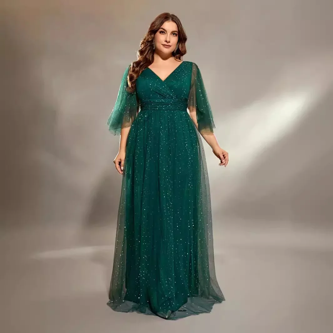 Plus Size Dresses Fashion Banquet Evening Gowns 2024 New Large Size Female V-neck Solid Color Long Temperament Elegant Dresses