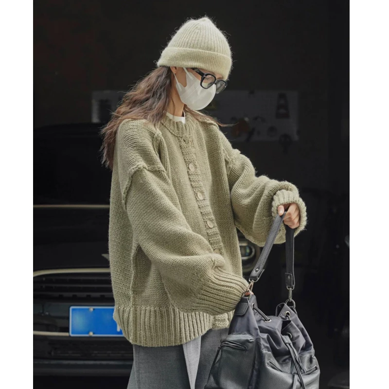 Cárdigan de moda para mujer, suéter holgado de manga larga de punto, Top de Color sólido, ropa de punto informal elegante para otoño e invierno 2025