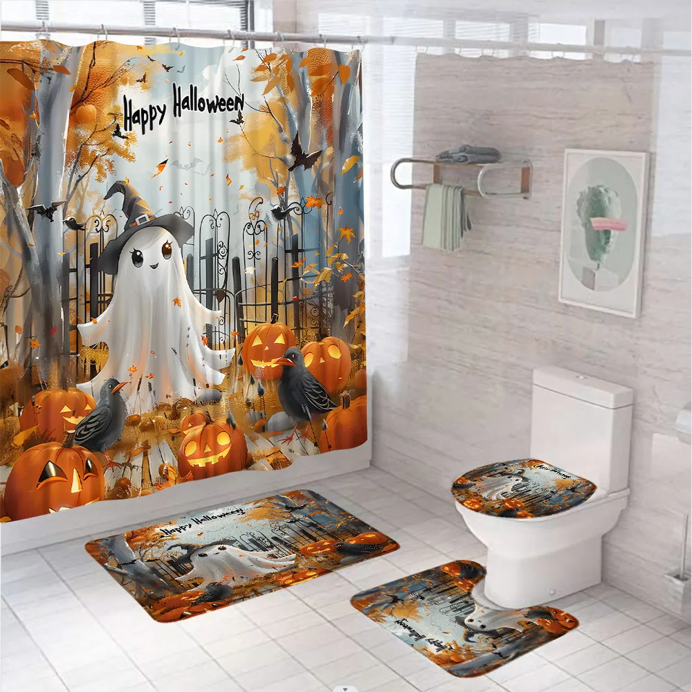 4Pcs Halloween Dead Tree Crow Pumpkin Shower Curtain Set Terror Night Bath Screen Bathroom Mat Non Slip Rug Carpet Toilet Cover