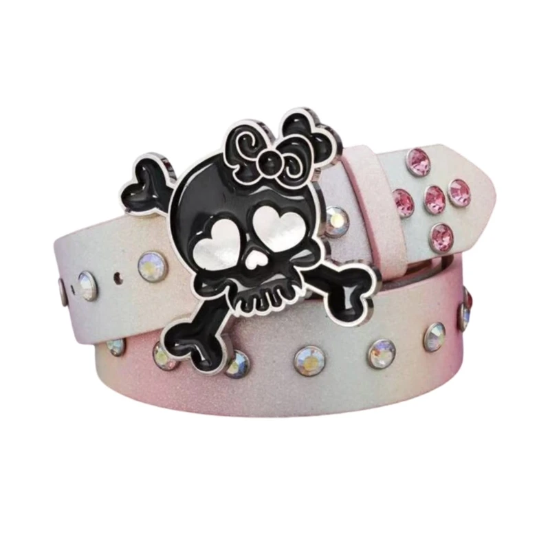 Glittering Skull Buckle Belt for Women Men Punk Rhinestones Studded Belt for Jeans Pants Cool Teenagers Daily Wear Belt