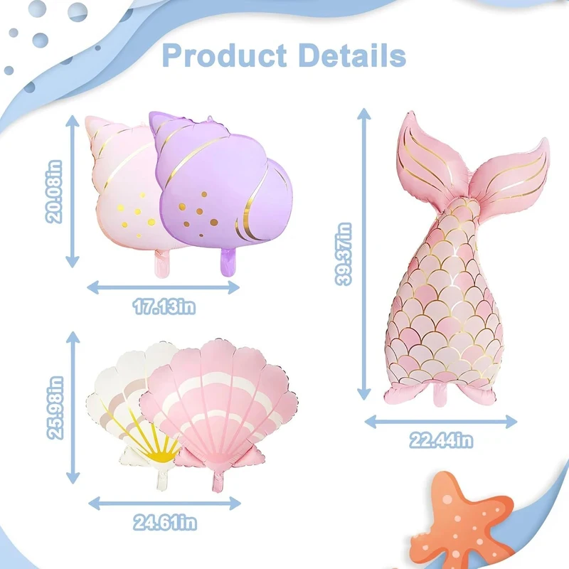 5PCS Mermaid Birthday Decor Set: Ocean-Themed Shell, Foil Tail Balloons & Party Supplies for Girls' Birthday & Sea-Themed Partie view 3