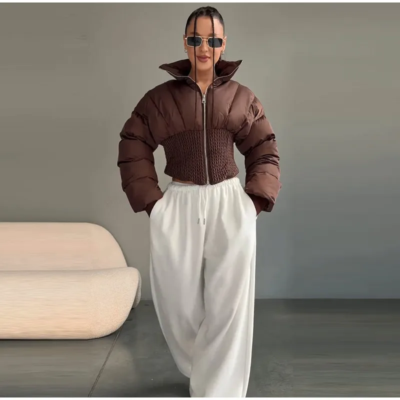 Fashion Solid Padded Coats Women's Stand Collar Full Sleeve Zipper Waist-cinching Warm Jacket 2026 Winter New Lady Outerwear