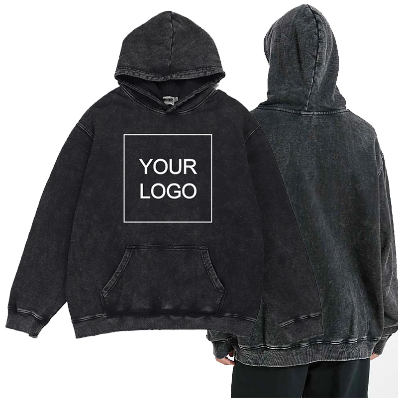 Vintage Solid Custom Hooded Pullover Hoodie Men Washed Wax Dyeing Baggy Casual Hoodies Sweatshirt Women