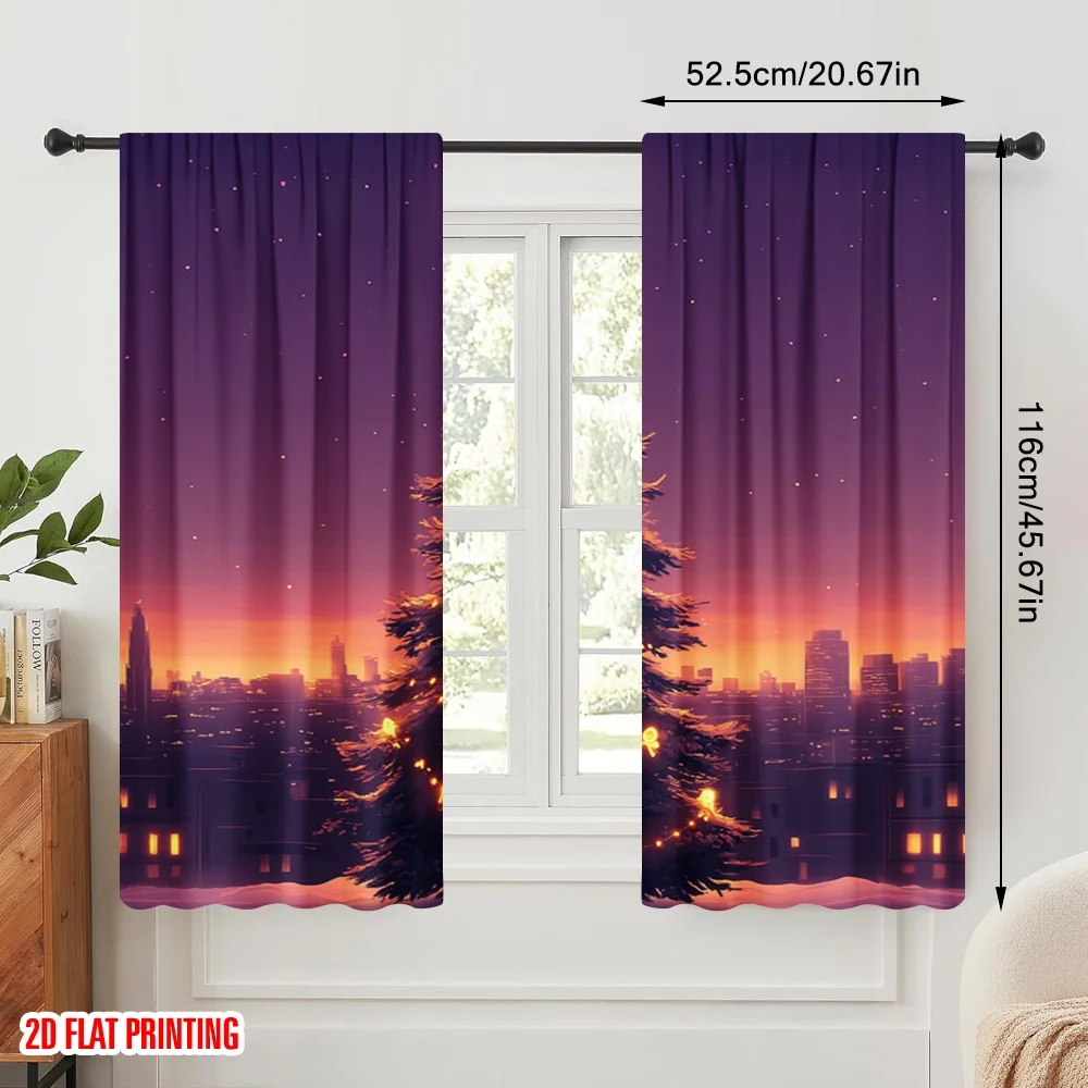 2pcs,2D plane printing Curtain Popular Christmas Tree Snow Winter Town (2) Versatile Durable Polyester (without rod) Versatile