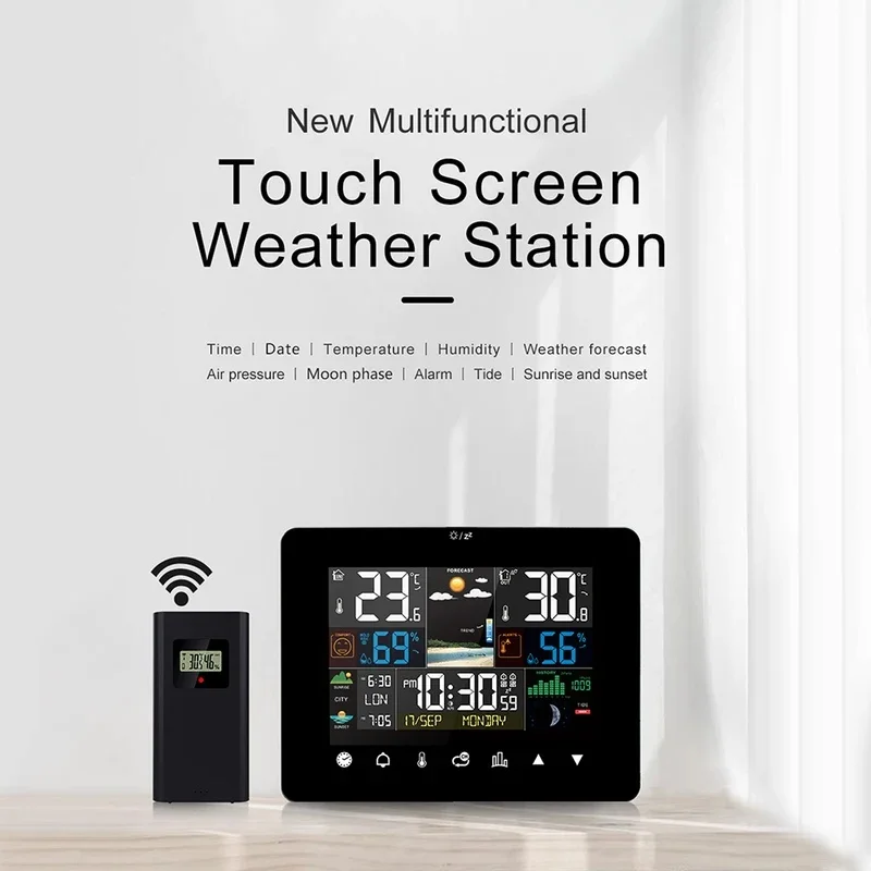Multifunctional Weather Station Alarm Clock Touch Screen Thermometer Hygrometer Wireless Sensor Sunrise Sunset Hygrothermograph gallery 2