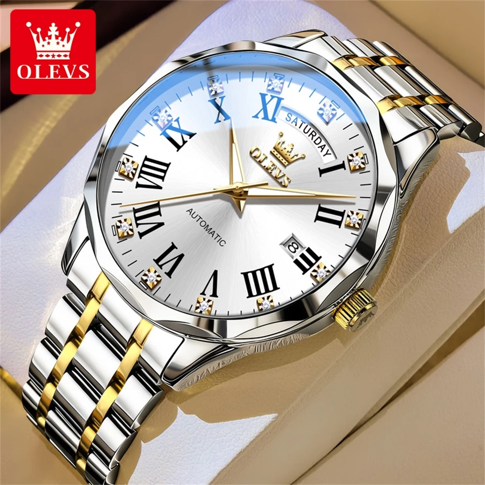 OLEVS New Luxury Business Men's Automatic Mechanical Watch Stainless Steel Waterproof  Roman Numerals Dual Calendar Watches Mens