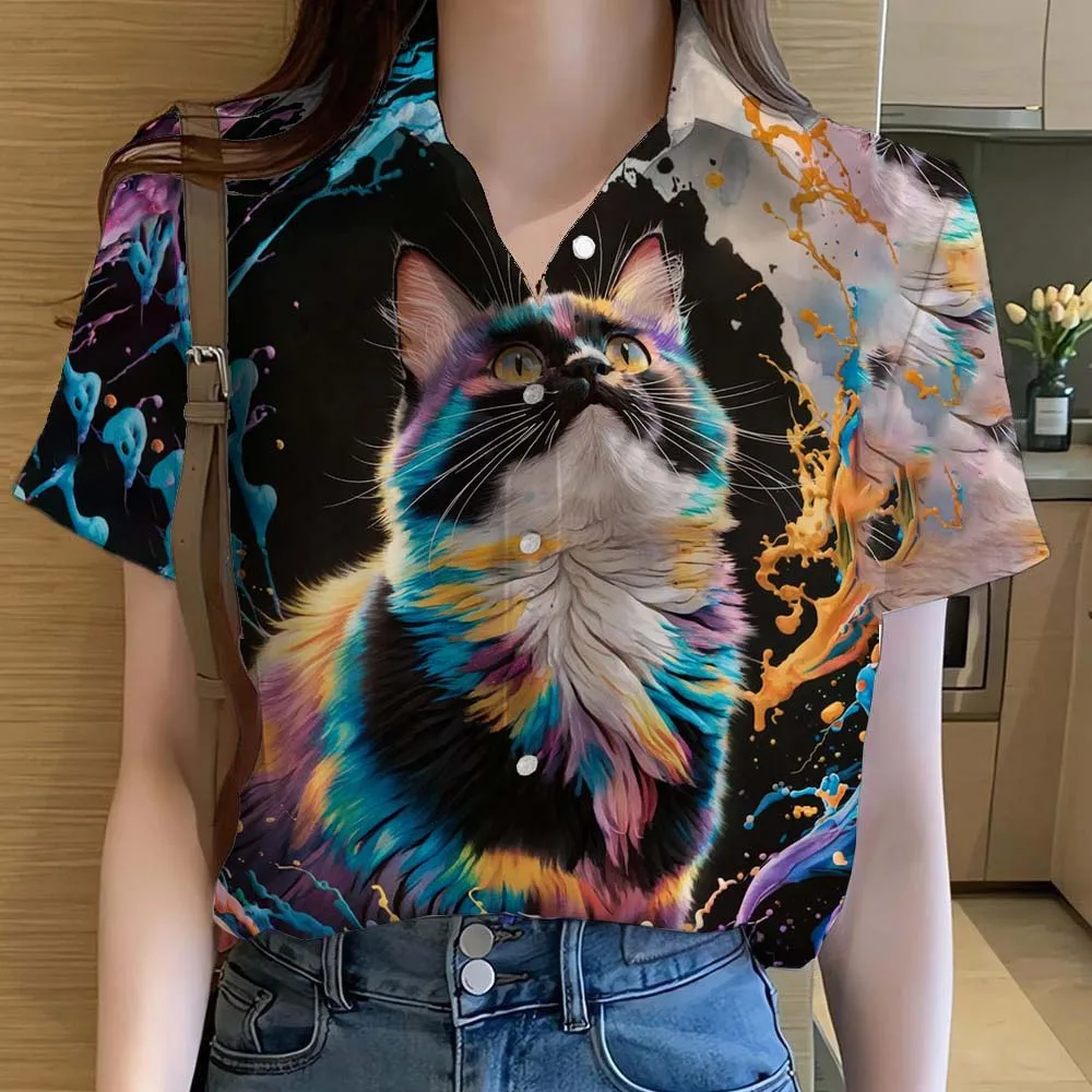 Womens Shirts Cute Cat Printed Casual Hawaiian Short Sleeve Button Beach Artistic Shirt Summer New  Blouse Women's Clothes