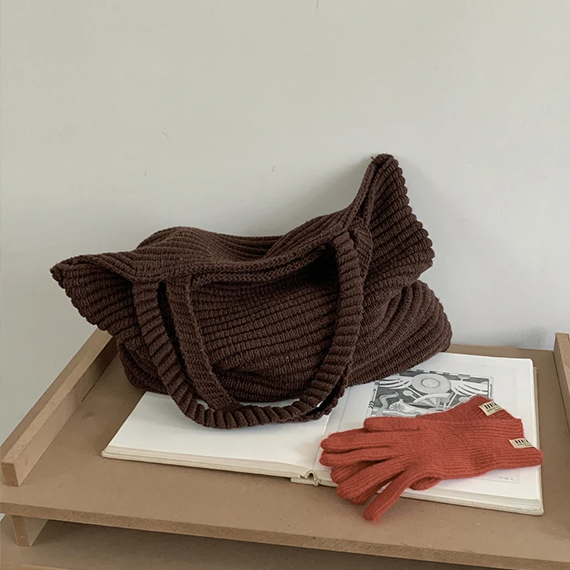 Retro Gestrickte Handtasche für Frauen Herbst Winter Neue Koreanische Ausgabe Einfarbig Gestrickte Tasche Große Kapazität Reise Handheld Tasche – Detail 13