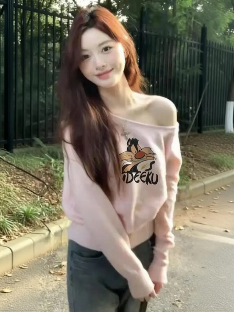 Cute One Shoulder Pullover Tops Women Loose Oversize Sweater Women Jersey Knit Long Sleeve Outerwear Off Shoulder Knitwear