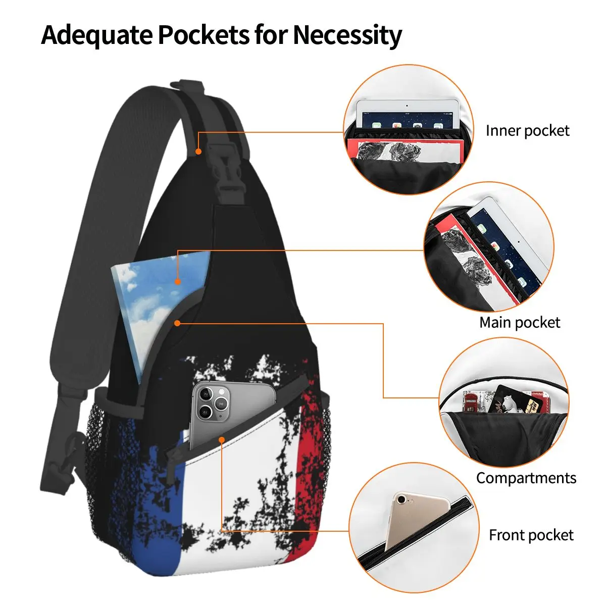 France Flag Graphic Small Sling Bags Chest Crossbody Shoulder Backpack Hiking Travel Daypacks French Fans Printed School Bags