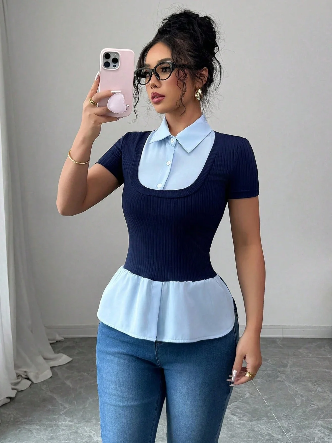 

Slim Fit 2 In 1 Polo Collar Knit Short Sleeve Blouse