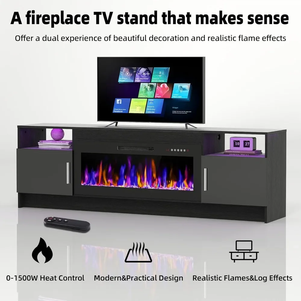 70 Inch TV Stand with 36 inch Electric Fireplace 27 LED Light Entertainment Center for TVs Up to 85
