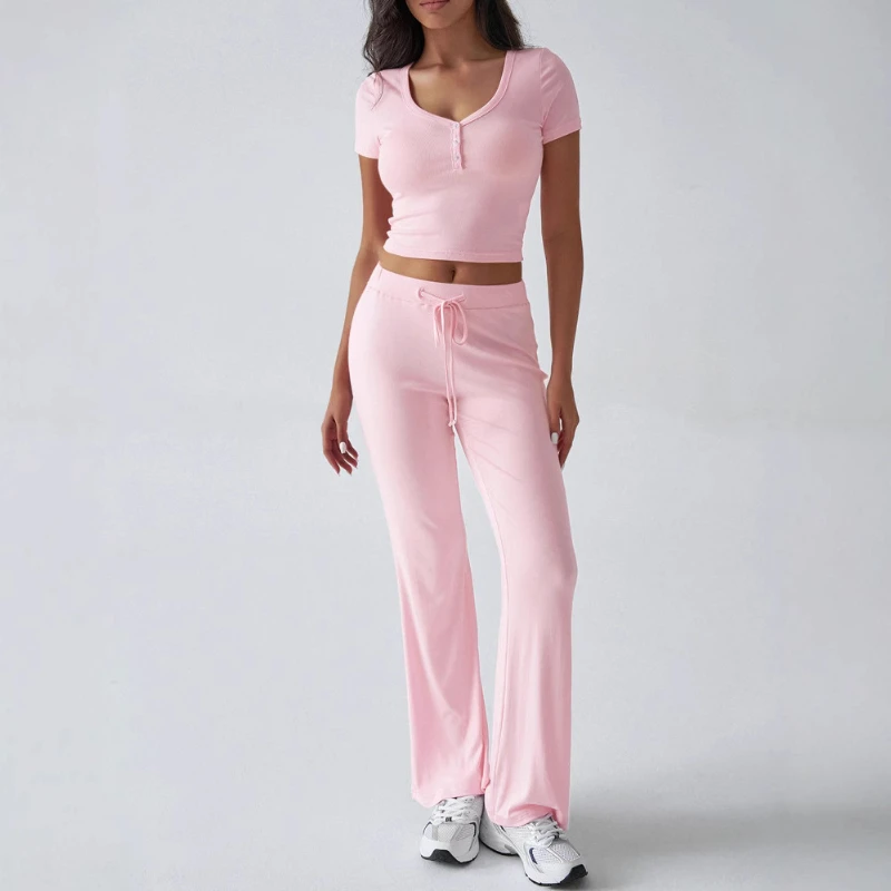 

2025 Spring and Summer Temperament Solid Color Round Neck Leisure Fashion Sports Suit Women