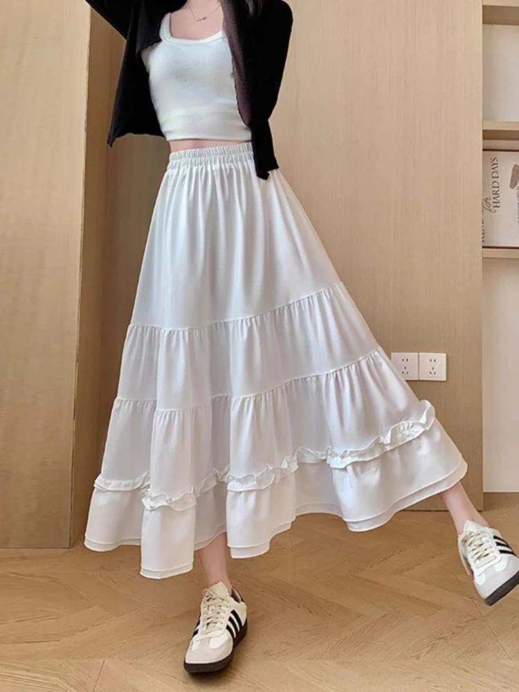 Summer New White Skirts Women Lovely Dating Casual Elastic Waist Sweet Faldas Japan Girls Edible Tree Fungus Fashion Long Style