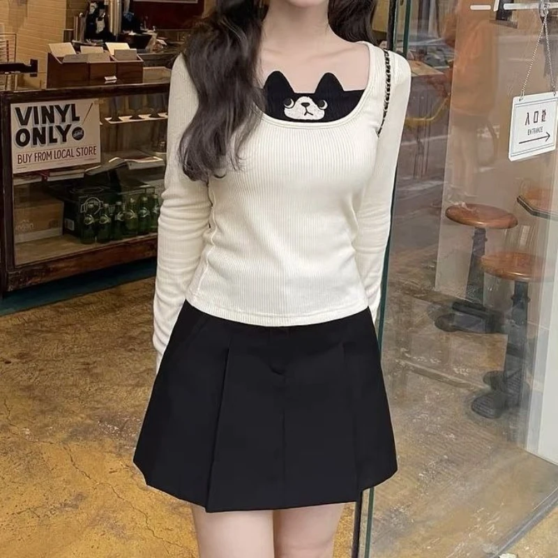 

Японские повседневные милые футболки в стиле Лолиты, женские готические аниме, тонкая футболка с вышивкой мультяшного кота Y2k, эстетичная фея, топ в стиле Харадзюку, гранж