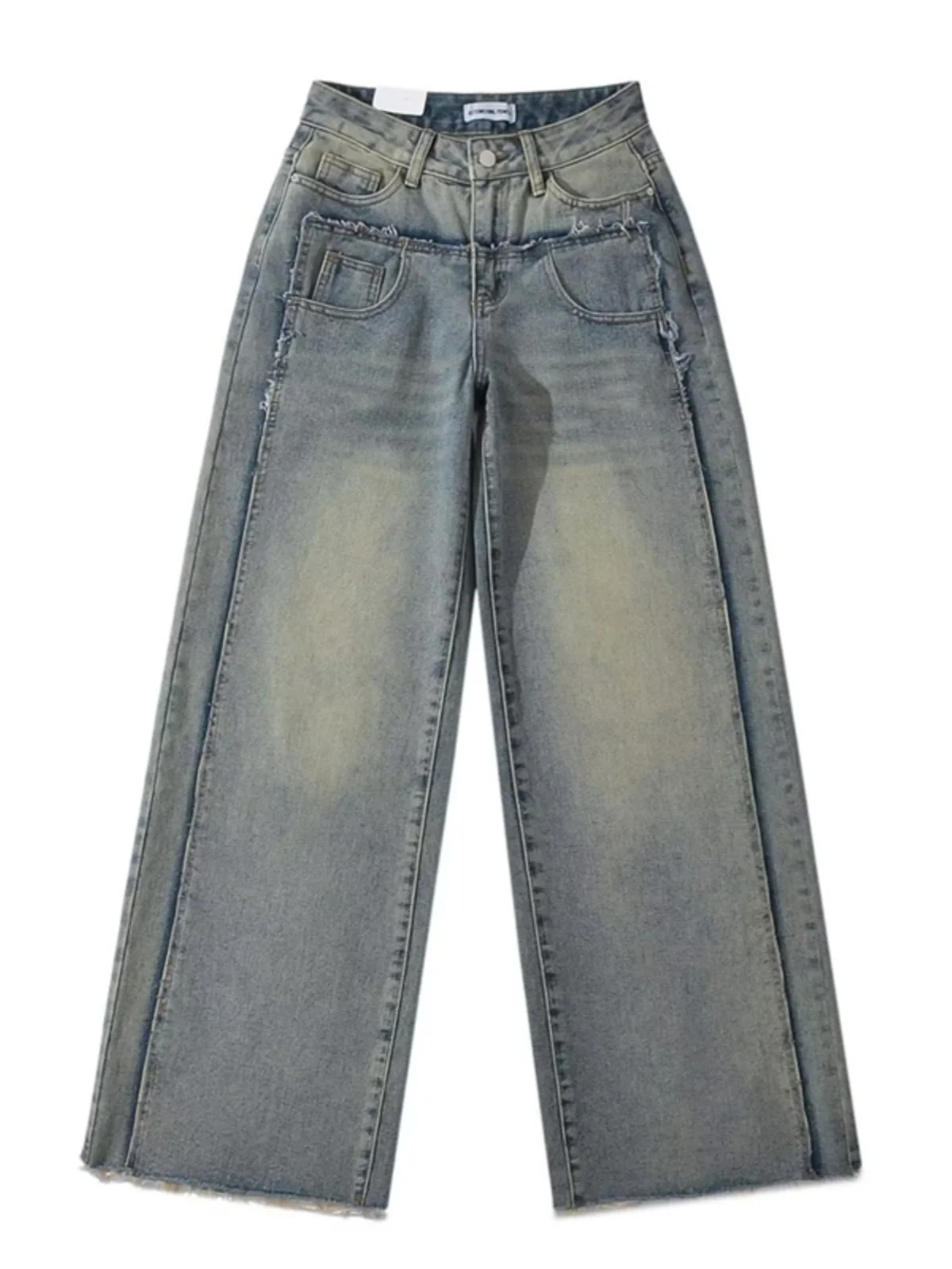 

Retro Waed Mud Dye Jeans American High Street Low Waist Straight Leg Loose Lengthened Frayed Pants for Women Trendy