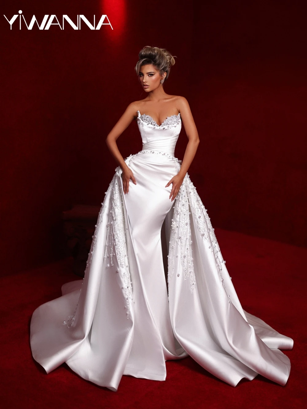 

Detachable Train Pearls Satin Long Wedding Dress Dreamy Sweetheart Neck Bridal Gown New Customized Mermaid Dresses For Bride