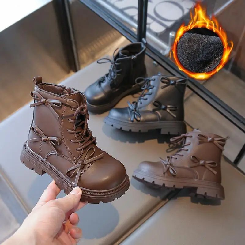 

Kawaii повседневная обувь, модная детская обувь, детские зимние ботинки, ботильоны на меховой подкладке для девочек с бантом, ботинки принцессы для маленьких девочек