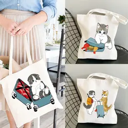 Mofusand-bolsas de lona reutilizables para mujer, bolsos de hombro de tela con diseño de gato japonés Mofusand, color blanco, para compras, para estudiantes y profesores