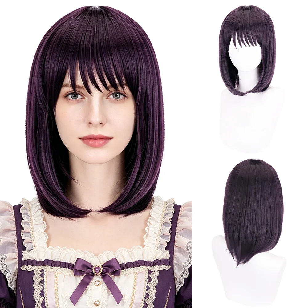 Dark Plum Purple Short Bob Cosplay Wig Straight Bangs Natural Inward Heat Resistant Wig For Anime Comic Con Halloween Party